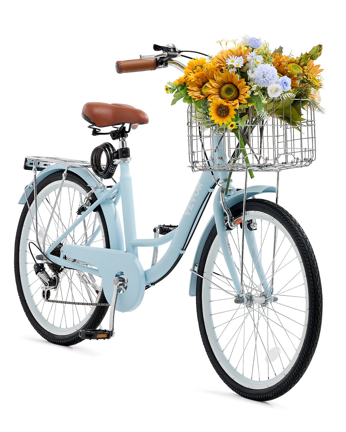 VEVOR Bicicleta de Ciudad 26 pulgadas Bicicleta con Canasta y Portaequipaje Trasero Bicicleta de Paseo 7 Velocidades con Asiento Ajustable para Andar en Bicicleta, Hacer Ejercicio, Comprar, Azul