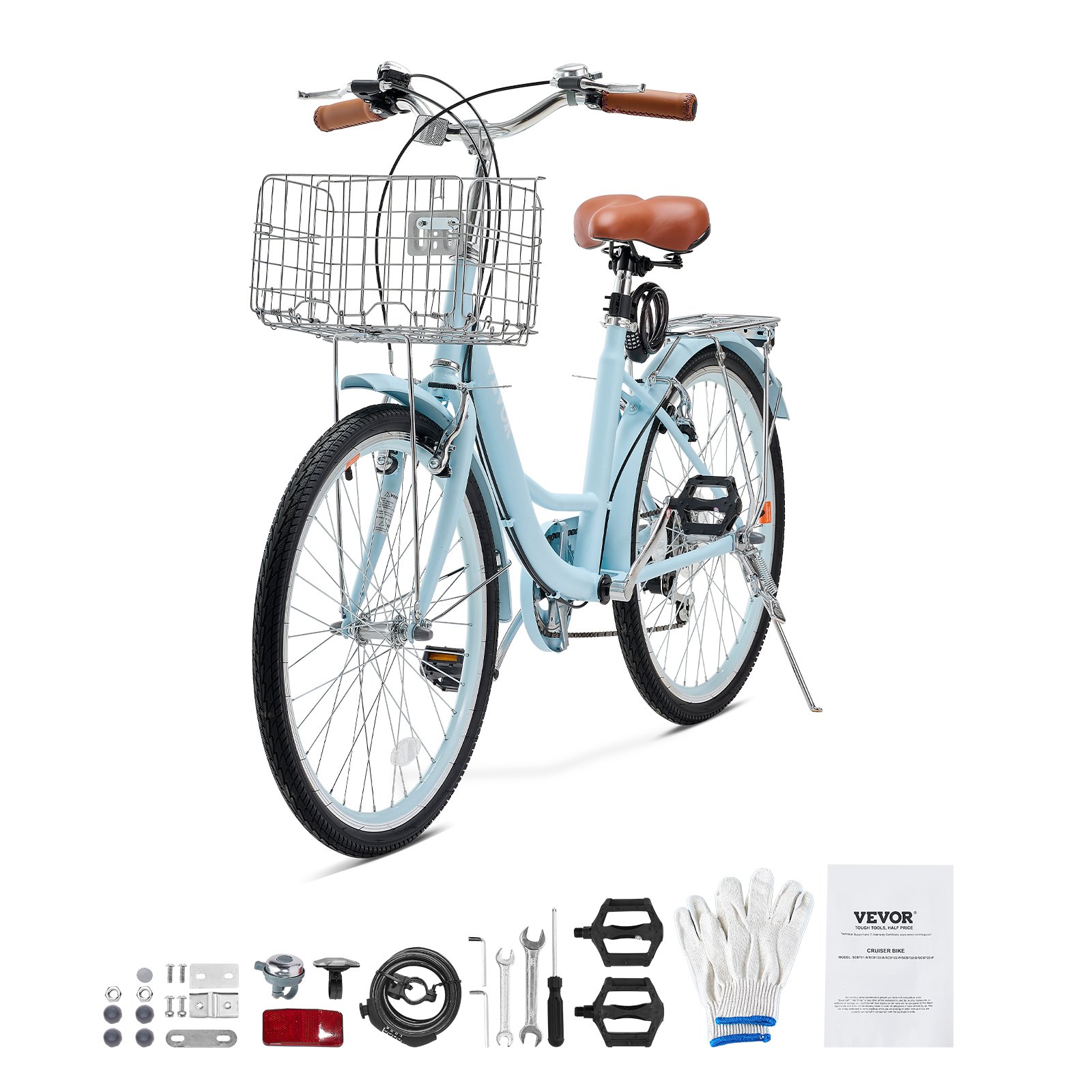 VEVOR Bicicleta de Ciudad 26 pulgadas Bicicleta con Canasta y Portaequipaje Trasero Bicicleta de Paseo 7 Velocidades con Asiento Ajustable para Andar en Bicicleta, Hacer Ejercicio, Comprar, Azul