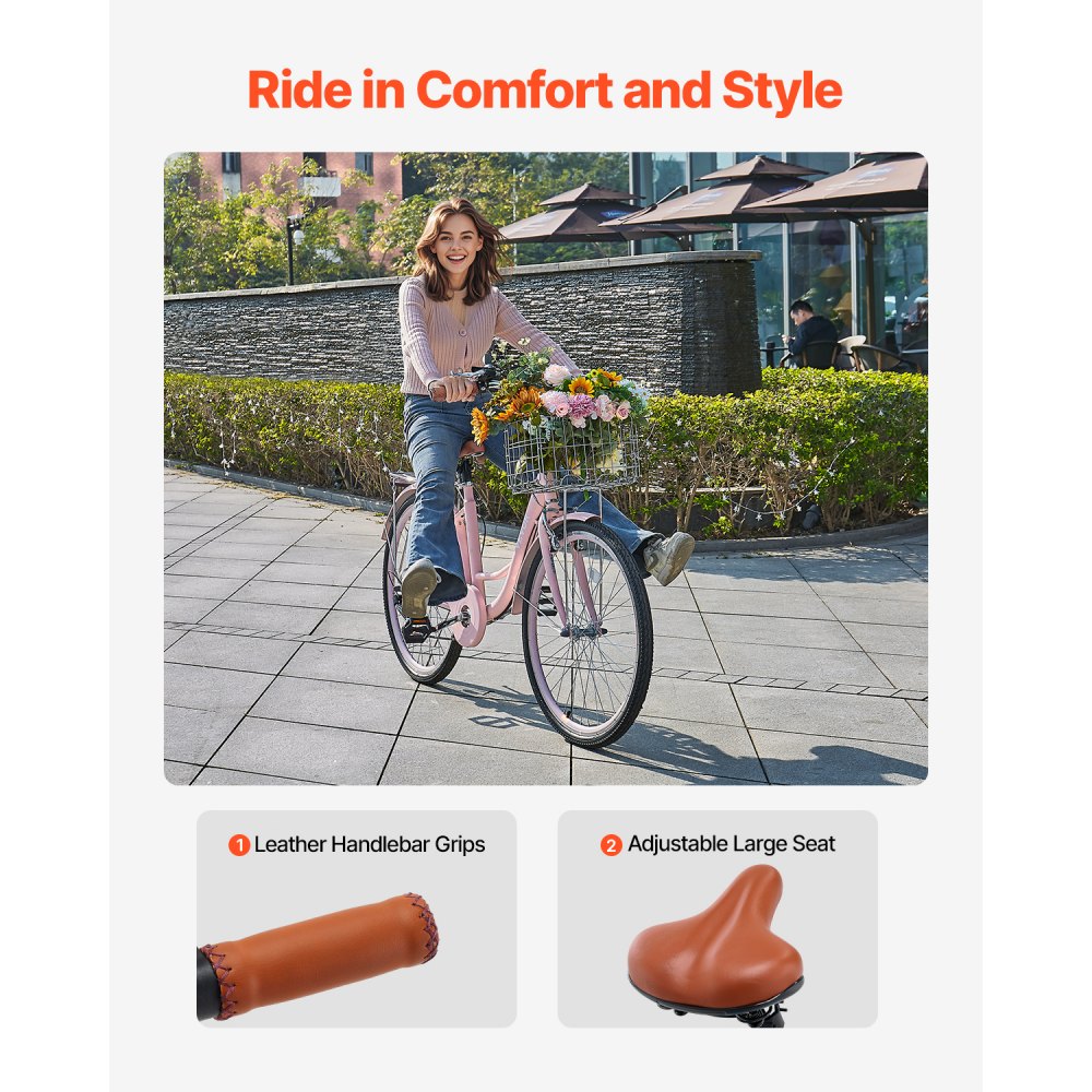 VEVOR Bicicleta de Ciudad 26 pulgadas Bicicleta con Canasta y Portaequipaje Trasero Bicicleta de Paseo 7 Velocidades con Asiento Ajustable para Andar en Bicicleta, Hacer Ejercicio, Comprar, Rosa