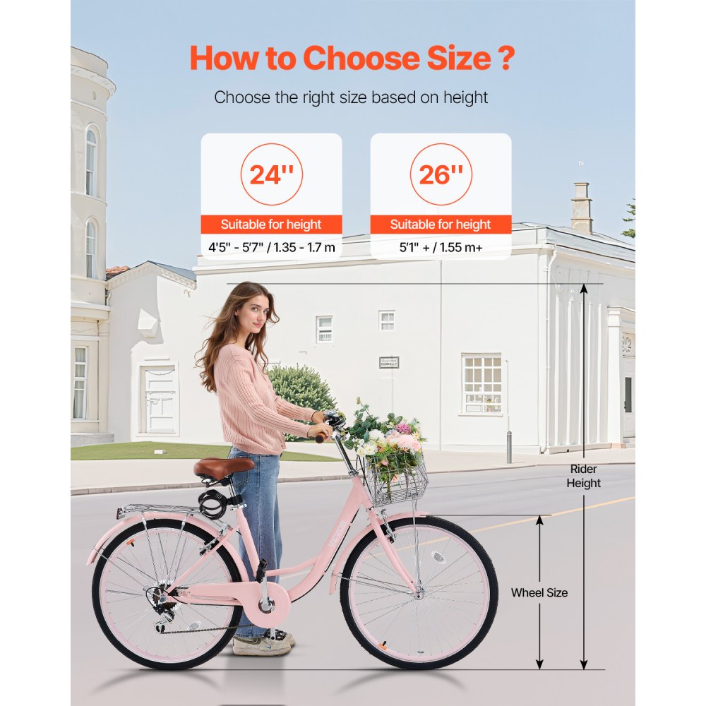VEVOR Bicicleta de Ciudad 26 pulgadas Bicicleta con Canasta y Portaequipaje Trasero Bicicleta de Paseo 7 Velocidades con Asiento Ajustable para Andar en Bicicleta, Hacer Ejercicio, Comprar, Rosa