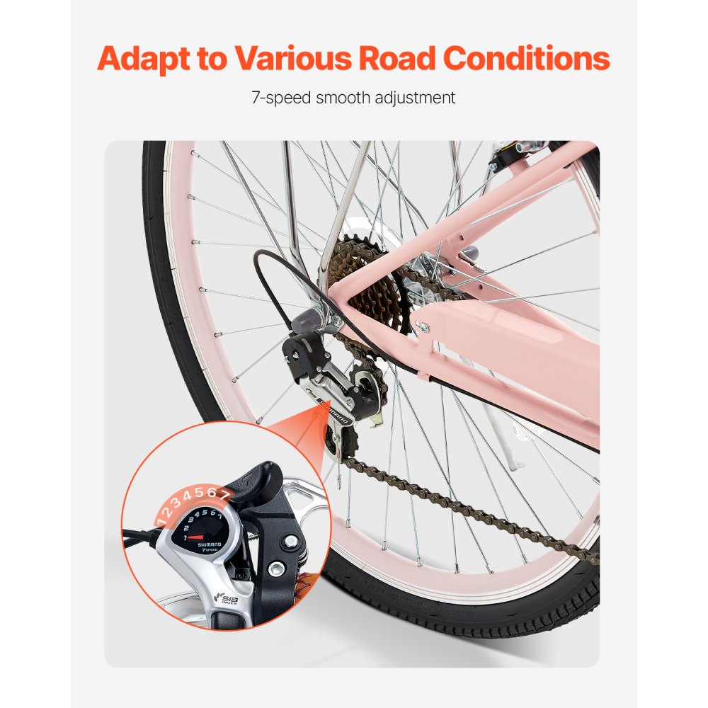 VEVOR Bicicleta de Ciudad 26 pulgadas Bicicleta con Canasta y Portaequipaje Trasero Bicicleta de Paseo 7 Velocidades con Asiento Ajustable para Andar en Bicicleta, Hacer Ejercicio, Comprar, Rosa