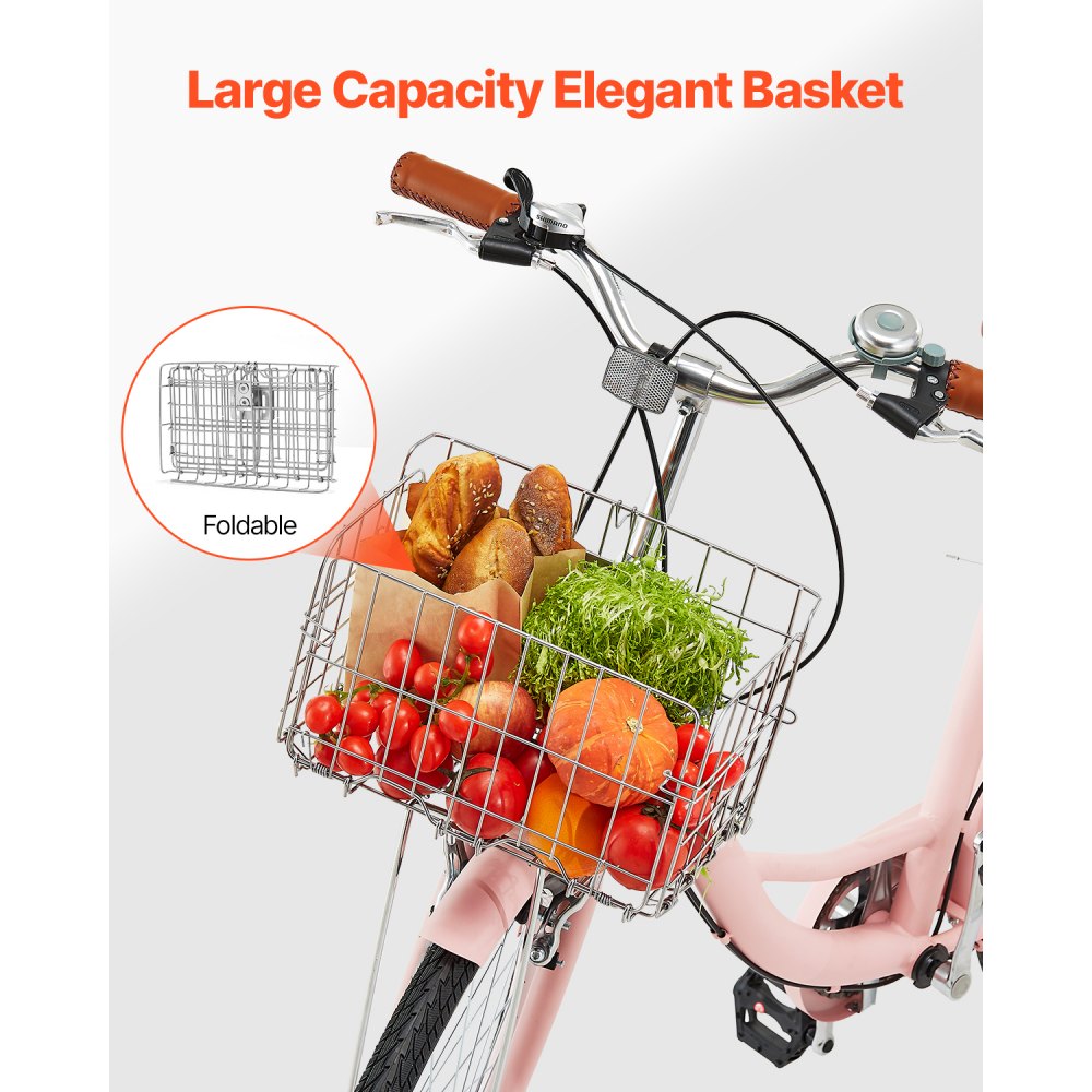 VEVOR Bicicleta de Ciudad 26 pulgadas Bicicleta con Canasta y Portaequipaje Trasero Bicicleta de Paseo 7 Velocidades con Asiento Ajustable para Andar en Bicicleta, Hacer Ejercicio, Comprar, Rosa