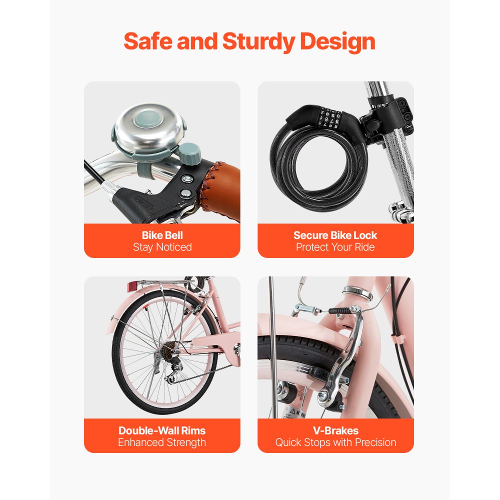 VEVOR Bicicleta de Ciudad 26 pulgadas Bicicleta con Canasta y Portaequipaje Trasero Bicicleta de Paseo 7 Velocidades con Asiento Ajustable para Andar en Bicicleta, Hacer Ejercicio, Comprar, Rosa