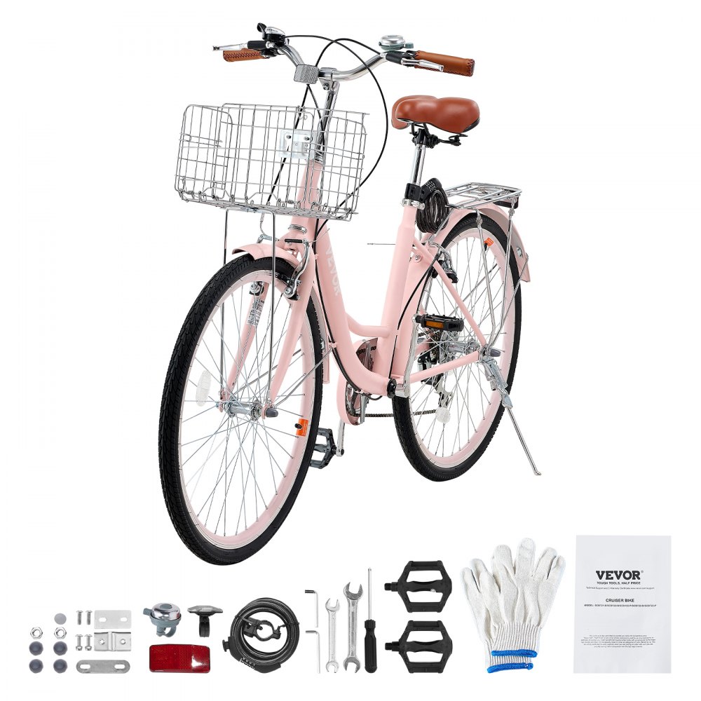 VEVOR Bicicleta de Ciudad 26 pulgadas Bicicleta con Canasta y Portaequipaje Trasero Bicicleta de Paseo 7 Velocidades con Asiento Ajustable para Andar en Bicicleta, Hacer Ejercicio, Comprar, Rosa