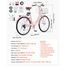 VEVOR Bicicleta de Paseo 26 pulgadas 7 Velocidades Bicicleta con Cesta, Rosa