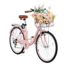 VEVOR Bicicleta de Paseo 26 pulgadas 7 Velocidades Bicicleta con Cesta, Rosa