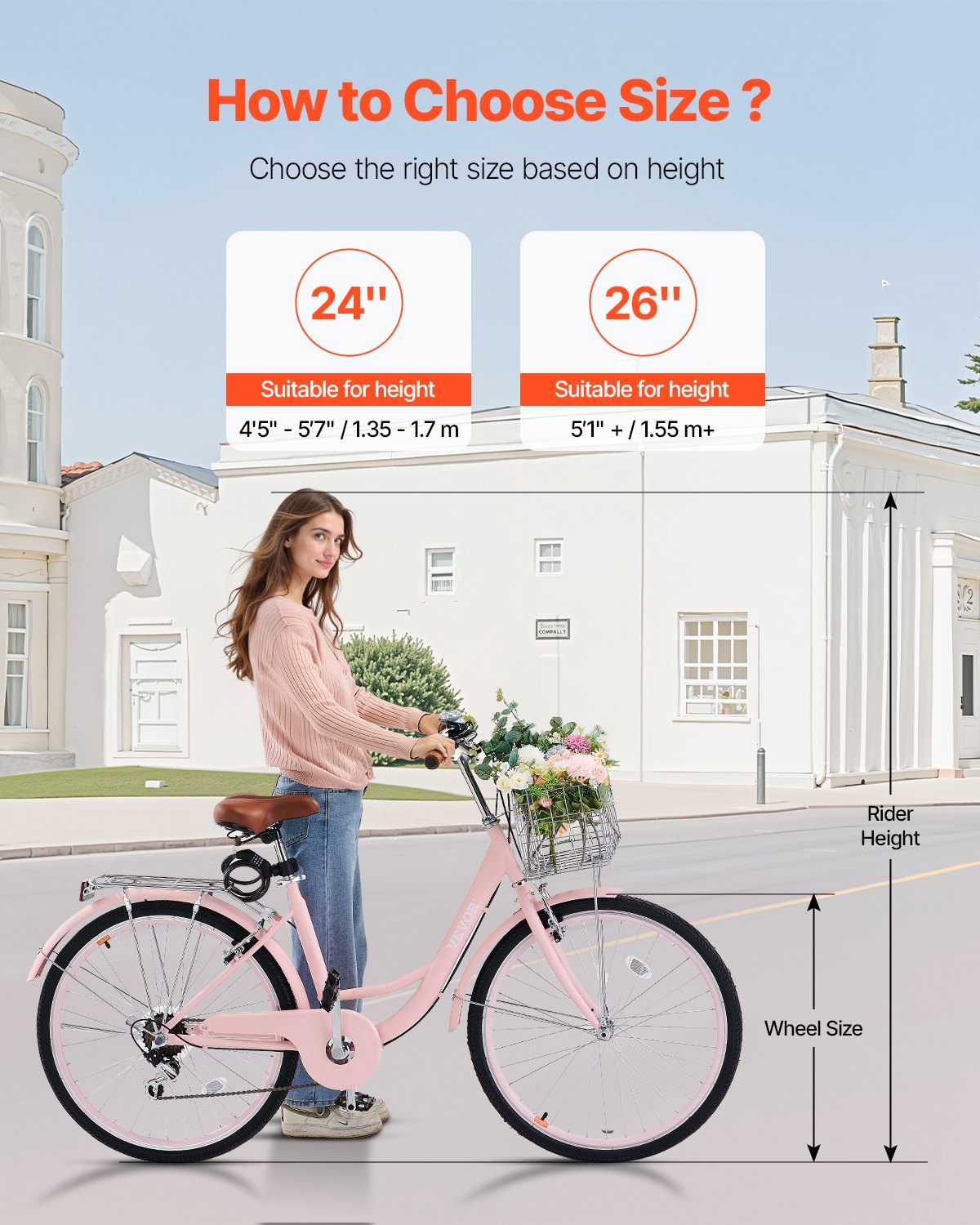 VEVOR Bicicleta de Ciudad 26 pulgadas Bicicleta con Canasta y Portaequipaje Trasero Bicicleta de Paseo 7 Velocidades con Asiento Ajustable para Andar en Bicicleta, Hacer Ejercicio, Comprar, Rosa