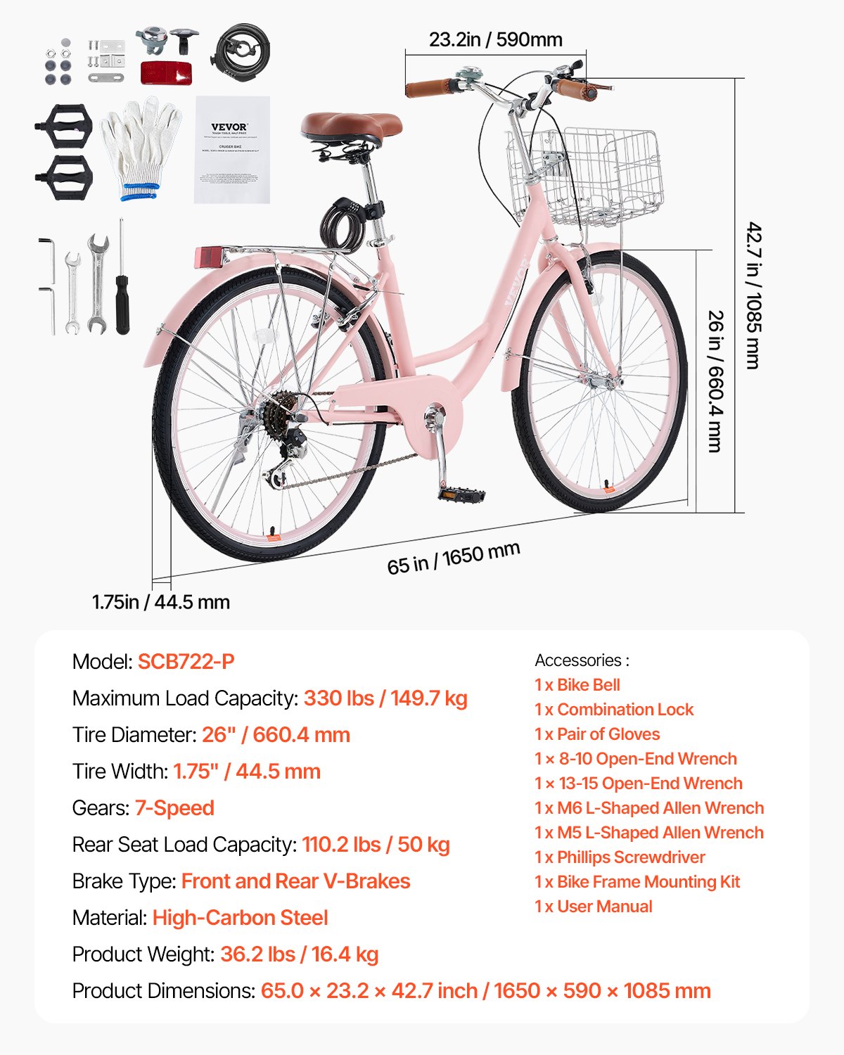 VEVOR Bicicleta de Ciudad 26 pulgadas Bicicleta con Canasta y Portaequipaje Trasero Bicicleta de Paseo 7 Velocidades con Asiento Ajustable para Andar en Bicicleta, Hacer Ejercicio, Comprar, Rosa