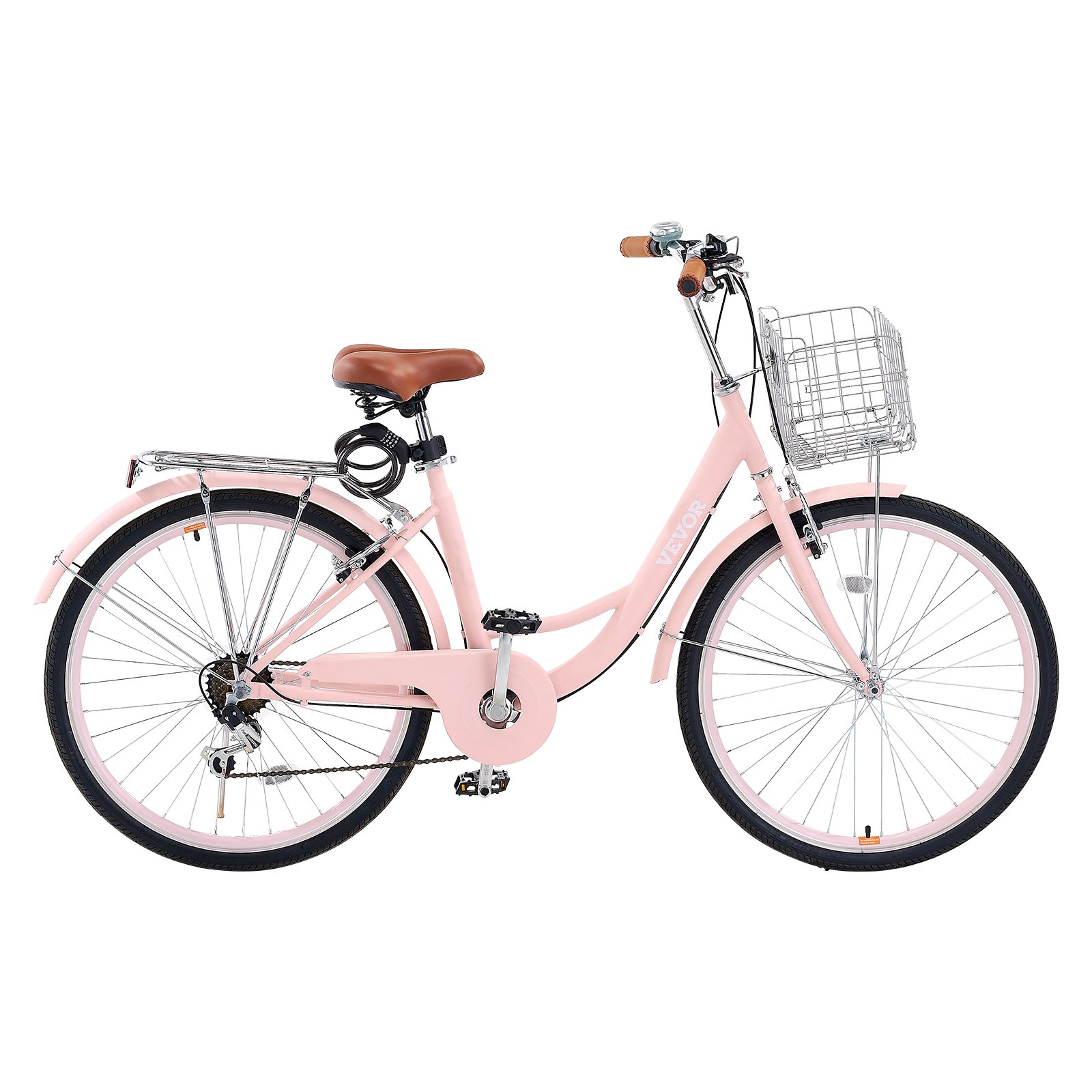 VEVOR Bicicleta de Ciudad 26 pulgadas Bicicleta con Canasta y Portaequipaje Trasero Bicicleta de Paseo 7 Velocidades con Asiento Ajustable para Andar en Bicicleta, Hacer Ejercicio, Comprar, Rosa