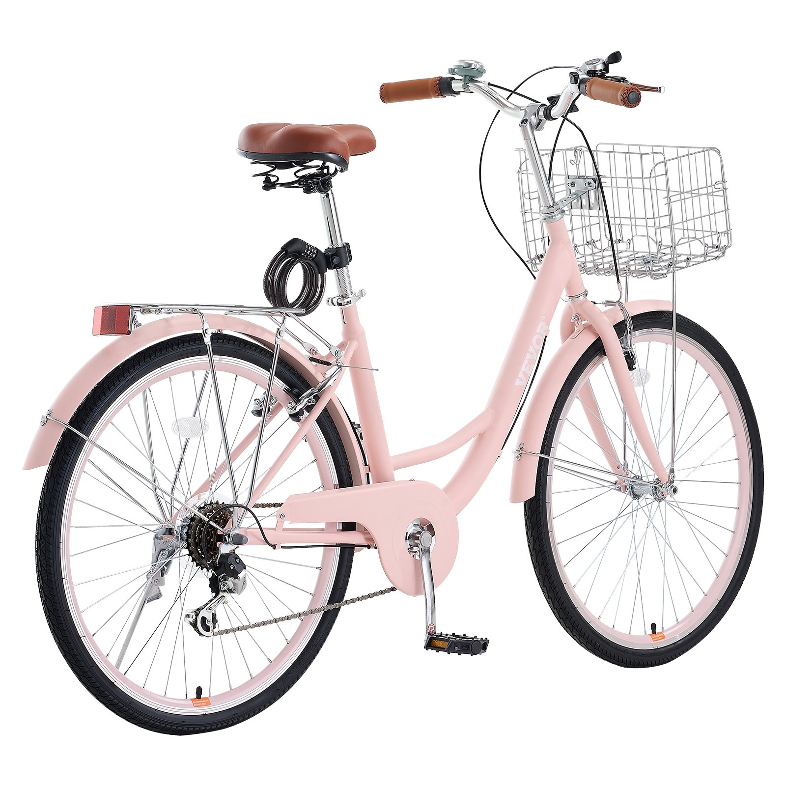 VEVOR Bicicleta de Ciudad 26 pulgadas Bicicleta con Canasta y Portaequipaje Trasero Bicicleta de Paseo 7 Velocidades con Asiento Ajustable para Andar en Bicicleta, Hacer Ejercicio, Comprar, Rosa