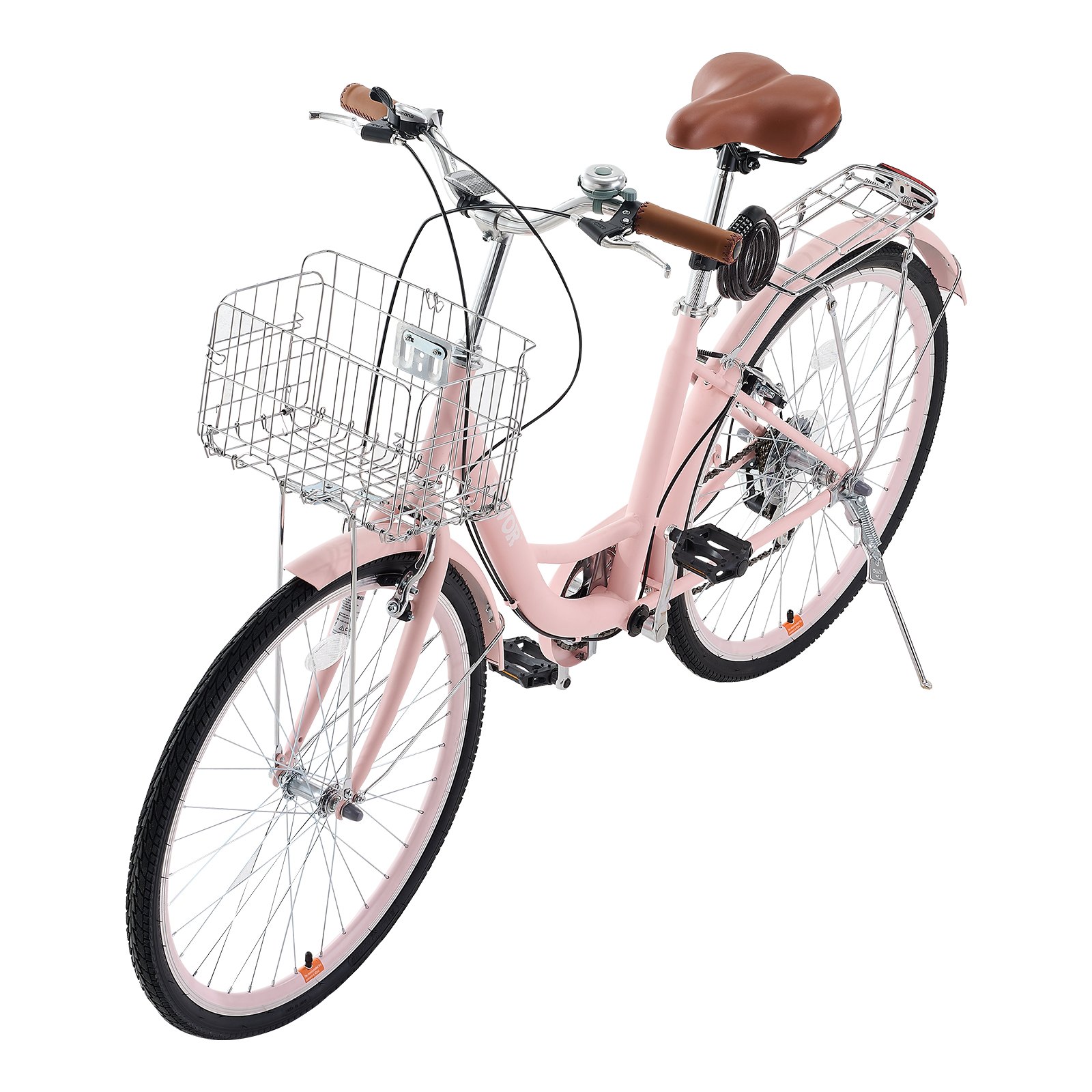 VEVOR Bicicleta de Ciudad 26 pulgadas Bicicleta con Canasta y Portaequipaje Trasero Bicicleta de Paseo 7 Velocidades con Asiento Ajustable para Andar en Bicicleta, Hacer Ejercicio, Comprar, Rosa