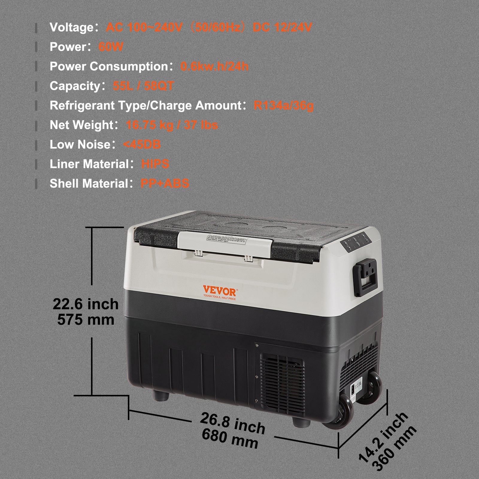 VEVOR Nevera Eléctrica Portátil de 55 L Nevera Portátil para Coche 12/24 V CC 100-240 V CA Nevera de Una Zona para Coche 0,6 kW.h -20 °C a 10 °C Congelador Ajustable para Camión Barco Camping