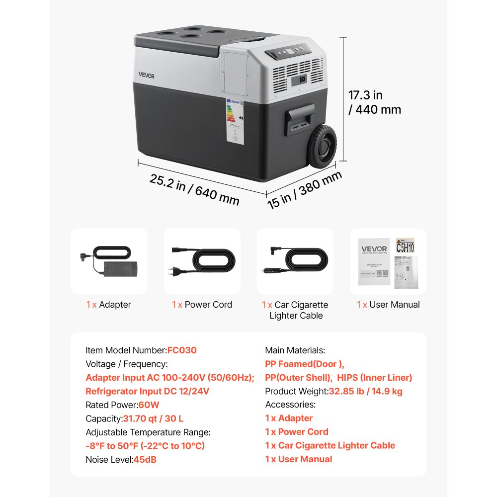 VEVOR Nevera Portátil para Coche 30 L con Compresor, Refrigerador para Coche Temperatura Ajustable de -22 a 10 °C, 12/24 V CC y 100-240 V CA, con Ruedas y Asa Retráctil, para Autocaravanas, Camping