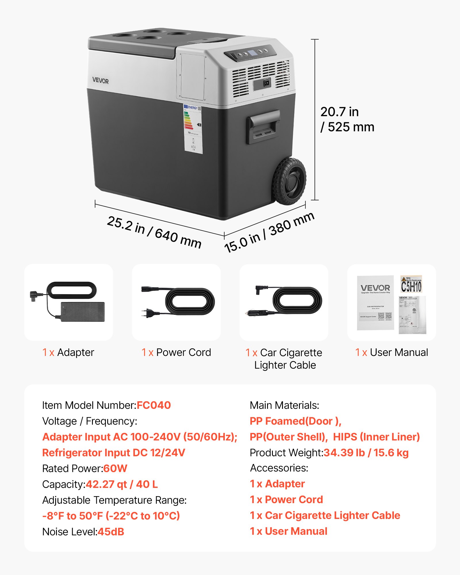 VEVOR Nevera Portátil para Coche 40 L con Compresor, Refrigerador para Coche Temperatura Ajustable de -22 a 10 °C, 12/24 V CC y 100-240 V CA, con Ruedas y Asa Retráctil, para Autocaravanas, Camping