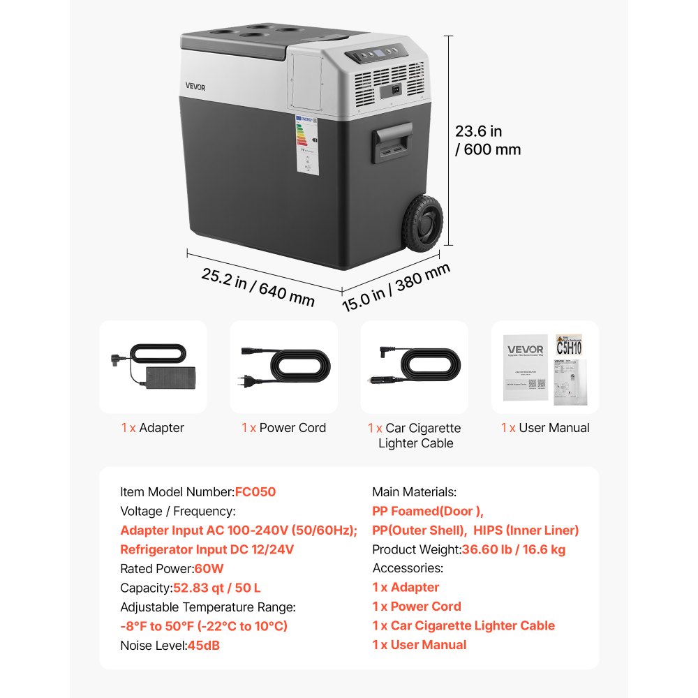 VEVOR Nevera Portátil para Coche 50 L con Compresor, Refrigerador para Coche Temperatura Ajustable de -22 a 10 °C, 12/24 V CC y 100-240 V CA, con Ruedas y Asa Retráctil, para Autocaravanas, Camping