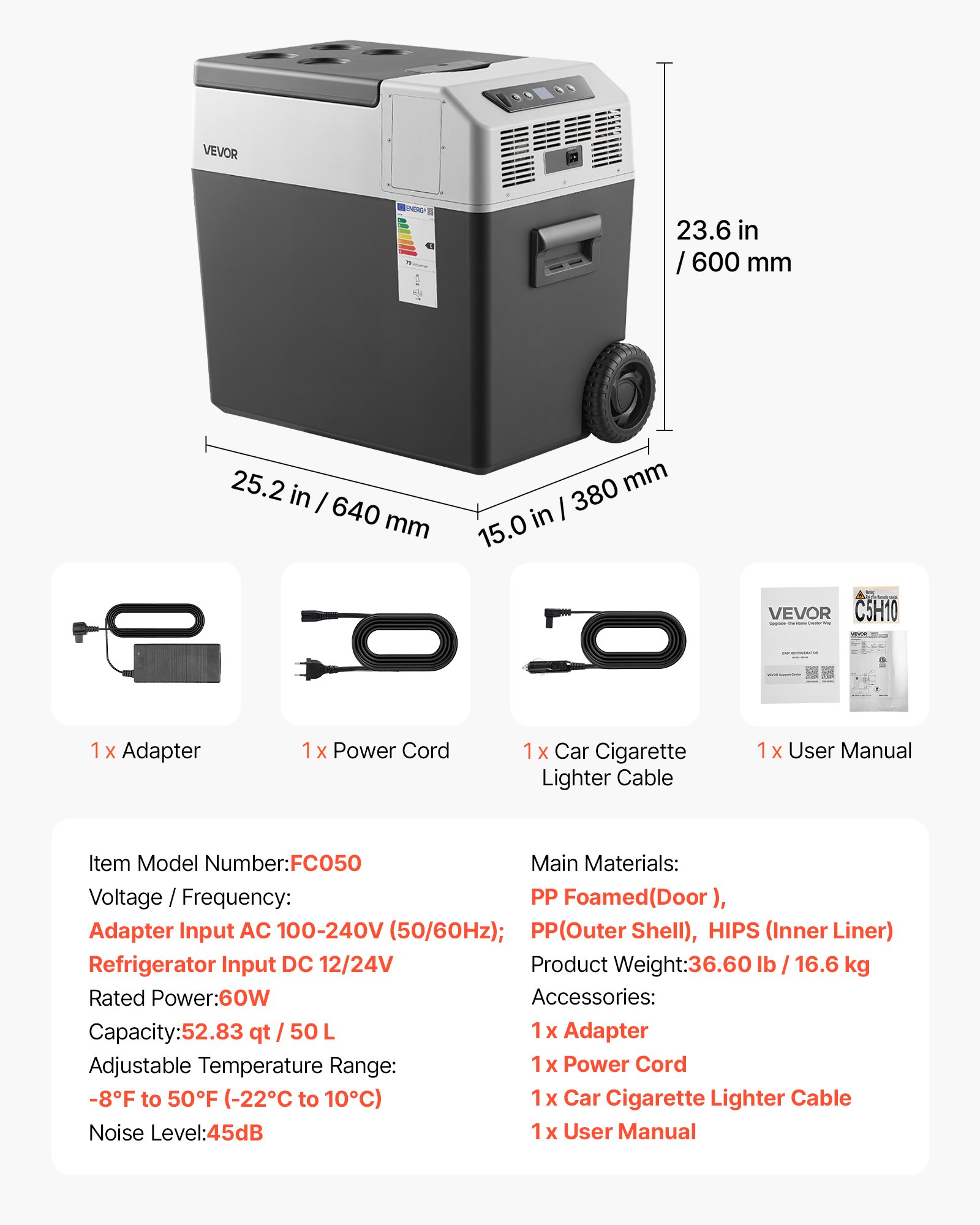 VEVOR Nevera Portátil para Coche 50 L con Compresor, Refrigerador para Coche Temperatura Ajustable de -22 a 10 °C, 12/24 V CC y 100-240 V CA, con Ruedas y Asa Retráctil, para Autocaravanas, Camping