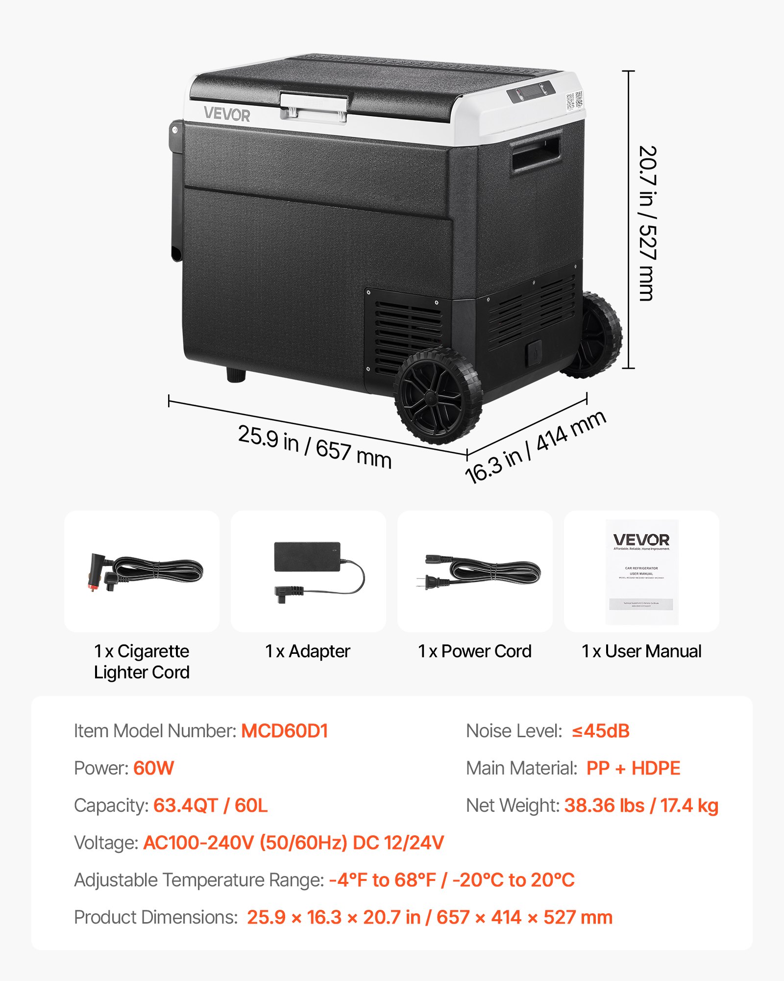 VEVOR Nevera Portátil para Coche 60 L con Compresor, Refrigerador para Coche Temperatura Ajustable de -20 a 20 °C, 12/24 V CC y 100-240 V CA, con Ruedas y Asa, para Autocaravanas, Camping, Viajes
