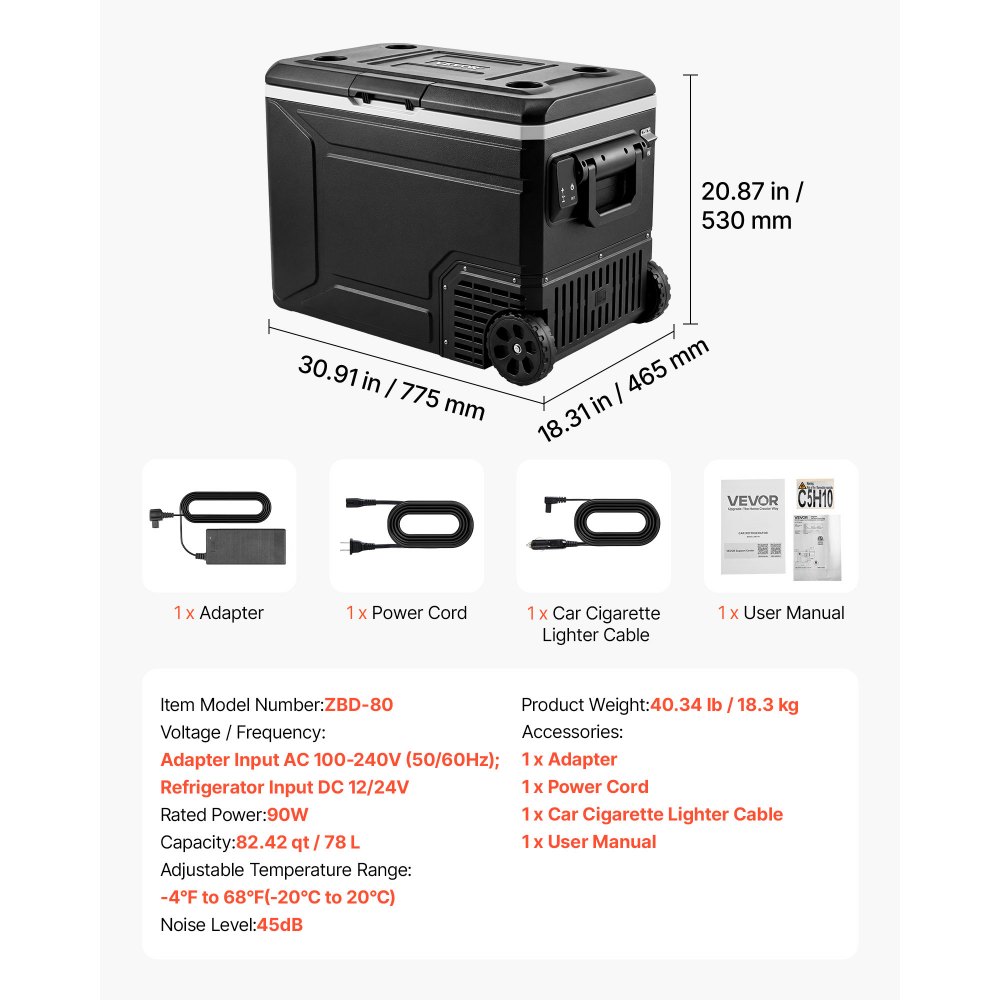 VEVOR Nevera Portátil para Coche 78 L con Compresor, Refrigerador para Coche Temperatura Ajustable de -20 a 20 °C, 12/24 V CC y 100-240 V CA, con Ruedas y Asa, para Autocaravanas, Camping, Viajes