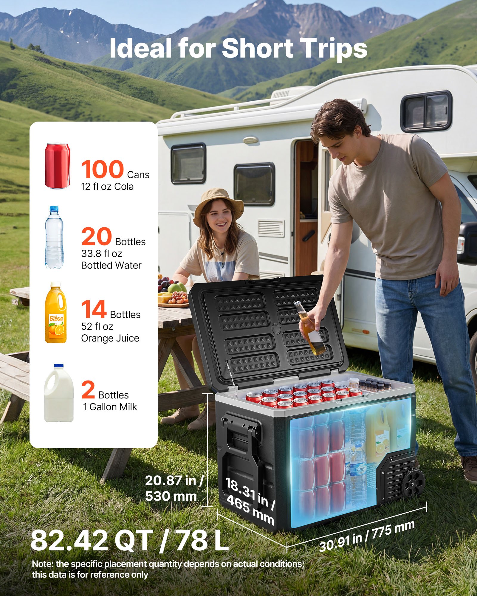 VEVOR Nevera Portátil para Coche 78 L con Compresor, Refrigerador para Coche Temperatura Ajustable de -20 a 20 °C, 12/24 V CC y 100-240 V CA, con Ruedas y Asa, para Autocaravanas, Camping, Viajes