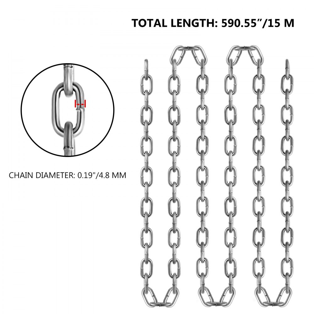 VEVOR Cadena robusta galvanizada grado 30 placa de zinc diámetro 4,8mm largo 15m
