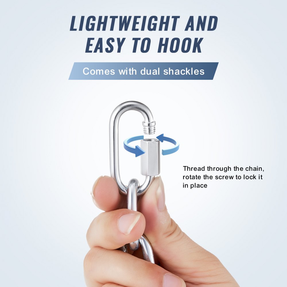 VEVOR stainless steel chain, 5.1 mm x 30.48 m, 500 kg working load, metal chain with two quick links, galvanized carbon steel link chain for towing, hanging, camping, and pet towing