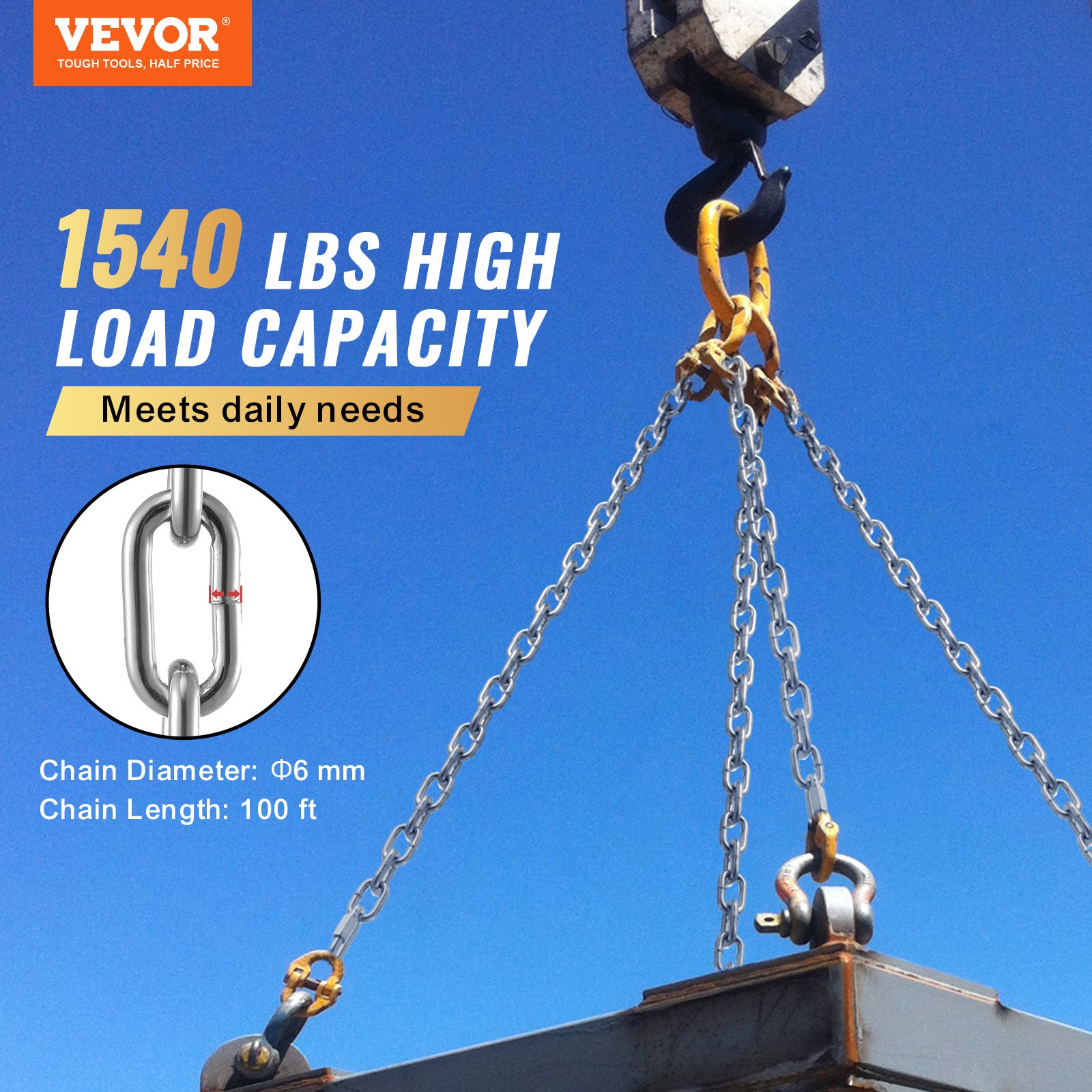 VEVOR Cadena de Eslabones de Acero al Carbono Galvanizado 6mm x 30,5m Capacidad de Carga 698 kg Dos Conectores Rápidos Cadena para Remolcar, Colgar, Acampar, Atar Mascotas