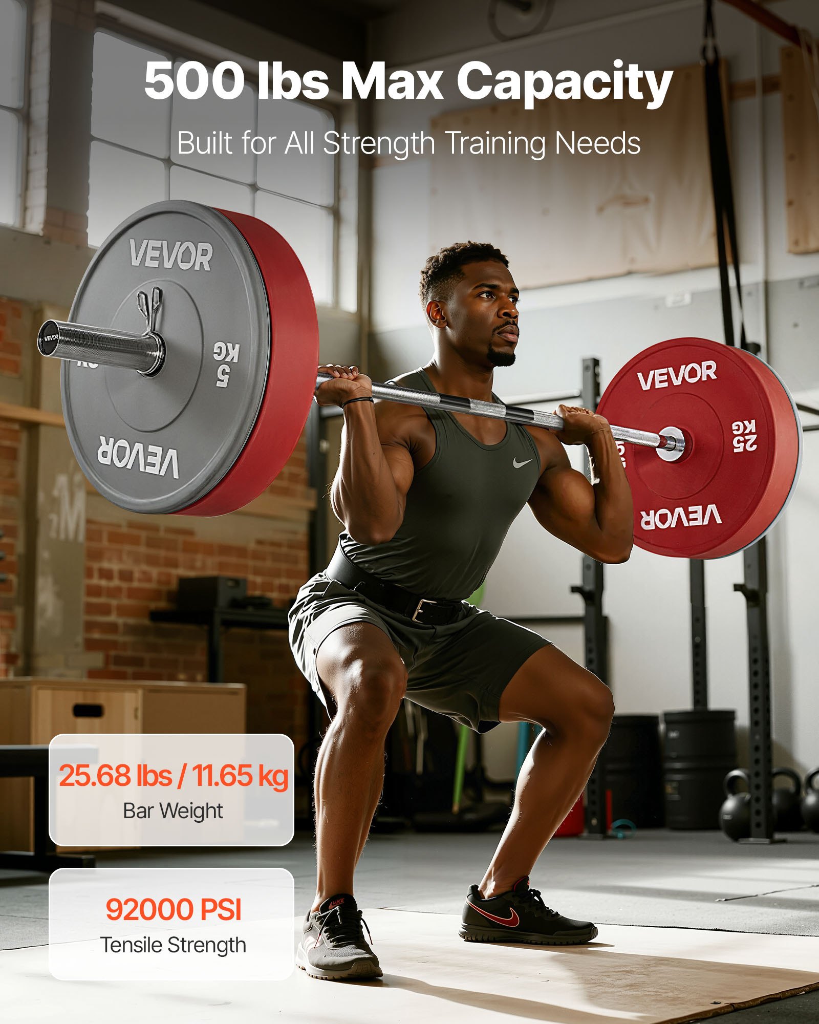 VEVOR 182cm Barbell Bar, Fit 2-Inch Weight Plates, Chrome Plated Barbell Bar with Knurled Grip for Strength Training, Weightlifting, Squat, Deadlift, Bench Press, Curl, Overhead Press, 226kg Capacity