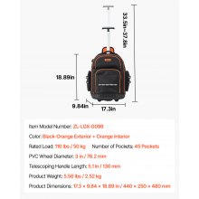 VEVOR Mochila con Ruedas de 440 x 250 x 480 mm con 45 Bolsillos Carga de 50 kg