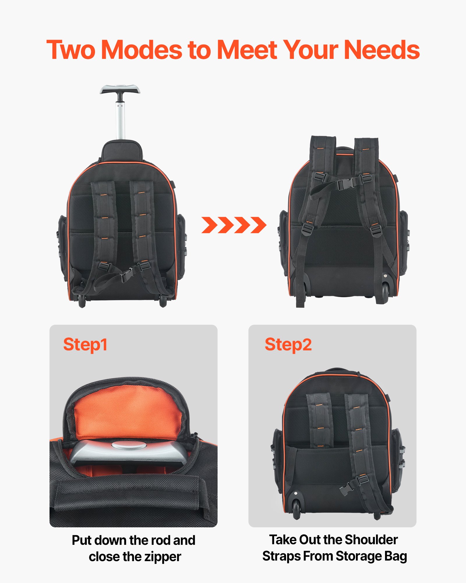 VEVOR Mochila con Ruedas de 440 x 250 x 480 mm Capacidad de Carga de 50 kg Mochila de Herramientas Resistente con 45 Bolsillos, Asa Telescópica Ajustable y Base Estable para Construcción y Mecánico