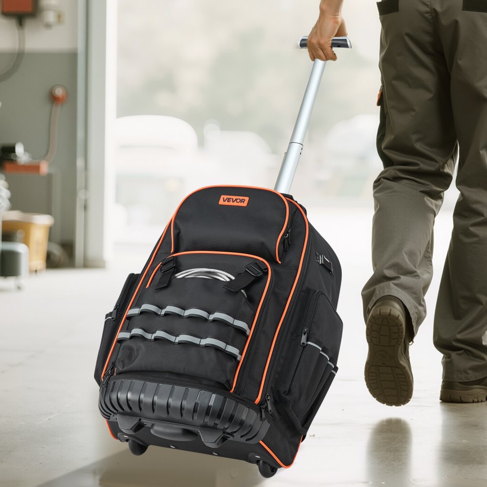 VEVOR Mochila con Ruedas de 450 x 275 x 560 mm Capacidad de Carga de 50 kg Mochila de Herramientas Resistente con 72 Bolsillos, Asa Telescópica Ajustable y Base Estable para Construcción y Mecánico