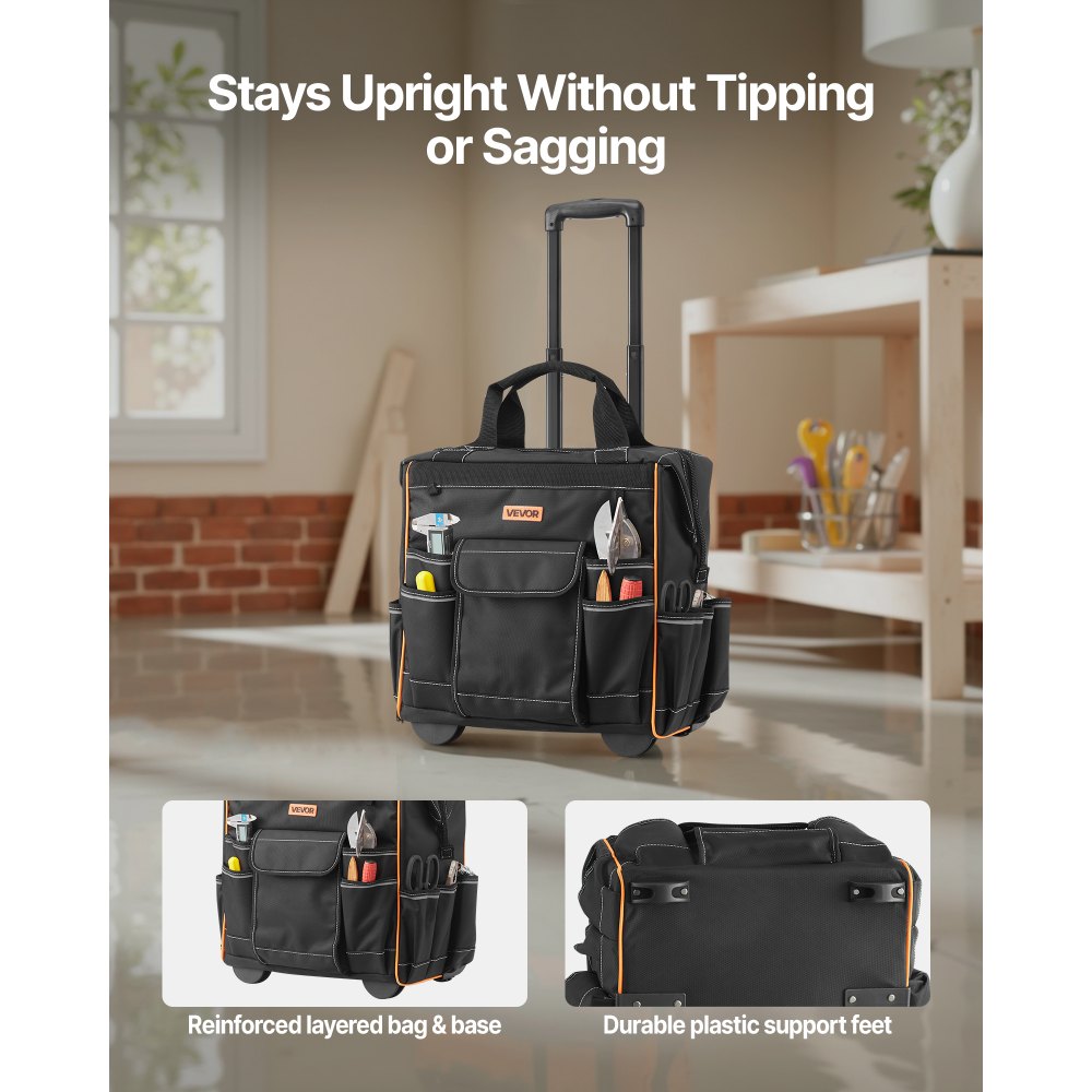 VEVOR Tool Bag with Wheels, 50 kg Load Capacity, 25 Pockets, Work Backpack, Adjustable Telescopic Handle & Stable Base, Tool Bag Organizer for Construction, Mechanics, 390x290x420 mm