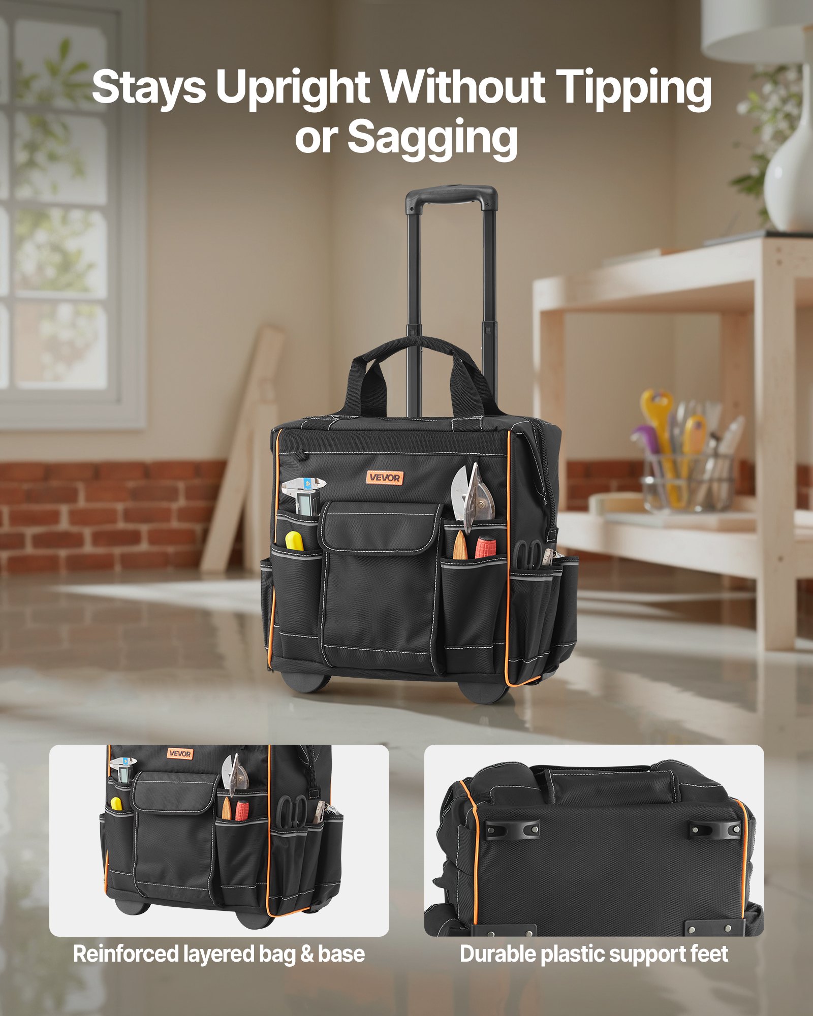 VEVOR Mochila con Ruedas de 39 x 29 x 42 cm Capacidad de Carga de 50 kg, Mochila de Herramientas Resistente con 25 Bolsillos, Asa Telescópica Ajustable y Base Estable para Construcción y Mecánico