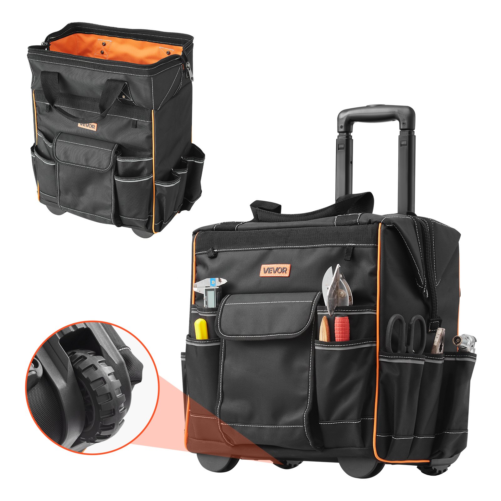 VEVOR Mochila con Ruedas de 39 x 29 x 42 cm Capacidad de Carga de 50 kg, Mochila de Herramientas Resistente con 25 Bolsillos, Asa Telescópica Ajustable y Base Estable para Construcción y Mecánico