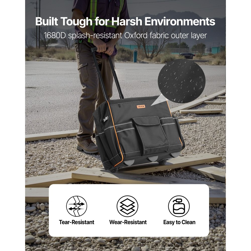 VEVOR Mochila con Ruedas de 460 x 270 x 430 mm Capacidad de Carga de 50 kg, Mochila de Herramientas Resistente con 25 Bolsillos, Asa Telescópica Ajustable y Base Estable para Construcción y Mecánico