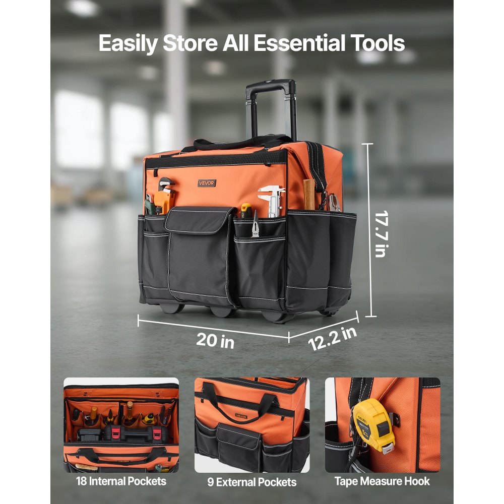 VEVOR Mochila con Ruedas de 510 x 310 x 450 mm Capacidad de Carga de 50 kg, Mochila de Herramientas Resistente con 27 Bolsillos, Asa Telescópica Ajustable y Base Estable para Construcción y Mecánico