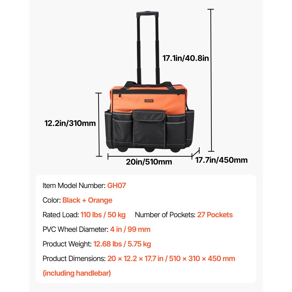 VEVOR Mochila con Ruedas de 510 x 310 x 450 mm Capacidad de Carga de 50 kg, Mochila de Herramientas Resistente con 27 Bolsillos, Asa Telescópica Ajustable y Base Estable para Construcción y Mecánico
