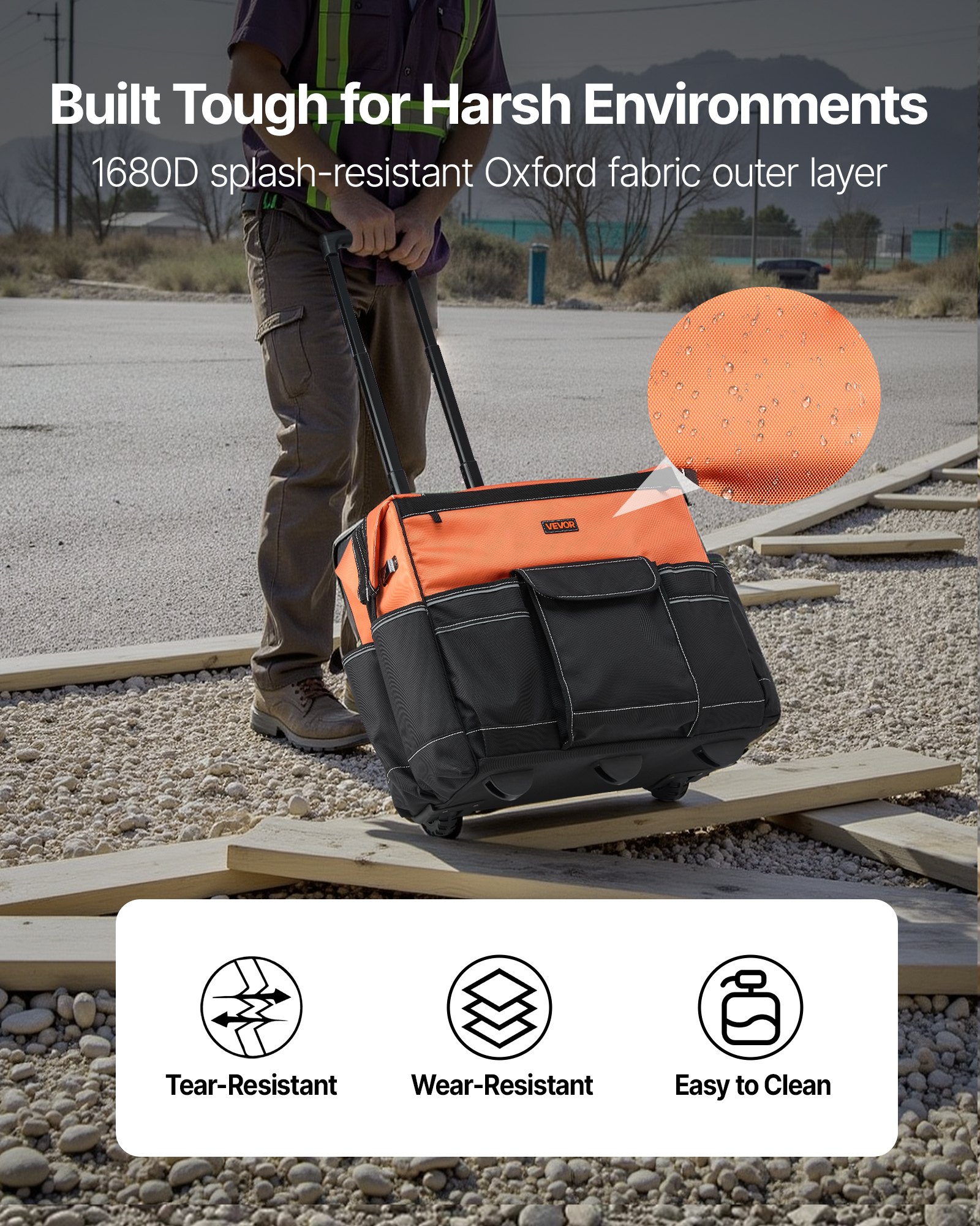 VEVOR Mochila con Ruedas de 510 x 310 x 450 mm Capacidad de Carga de 50 kg, Mochila de Herramientas Resistente con 27 Bolsillos, Asa Telescópica Ajustable y Base Estable para Construcción y Mecánico