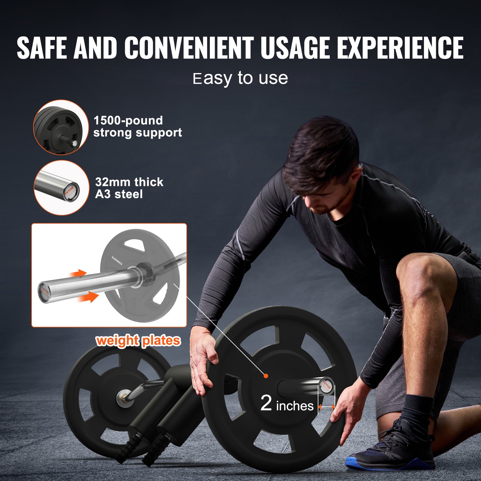 VEVOR Barra de Mancuernas Longitud 221cm Barra de Levantamiento de Pesas Carga 675kg con 2 Asas Acolchado de Espuma en los Hombros para Entrenamiento de Sentadillas Flexión de Piernas Fitness Gimnasio
