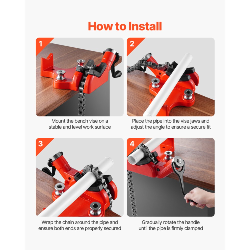 VEVOR Chain Pipe Vise, 6.35-152.4 mm Pipe Capacity, 710 mm Heavy Duty Chain and Cast Iron Base, Industrial Grade Pipe Clamping for Plumbing, Auto Repair, Metalworking