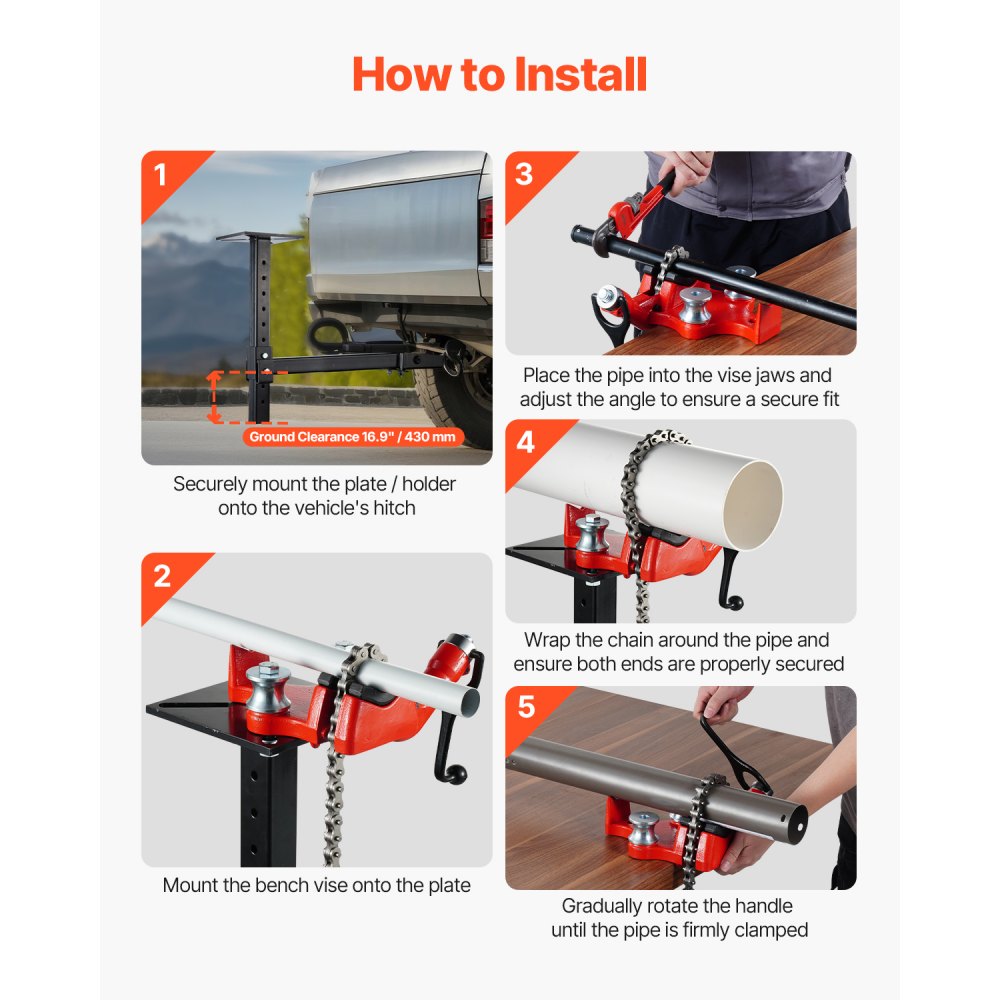 VEVOR chain tube vise, tube capacity 3,175-125 mm, 660 mm chain and cast iron base, vise plate holder for trailer hitch with adjustable height - suitable for 50 x 50 mm receivers