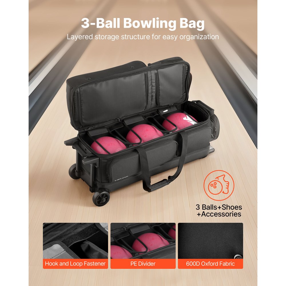 VEVOR Bolsa para 3 Bolas con Ruedas Dobles, Compartimento Separado para Zapatos hasta Talla de 16 EE. UU. y Bolsillo Extragrande para Accesorios. Asa Retráctil 105 cm, 790 x 320 x 390 mm, Negro