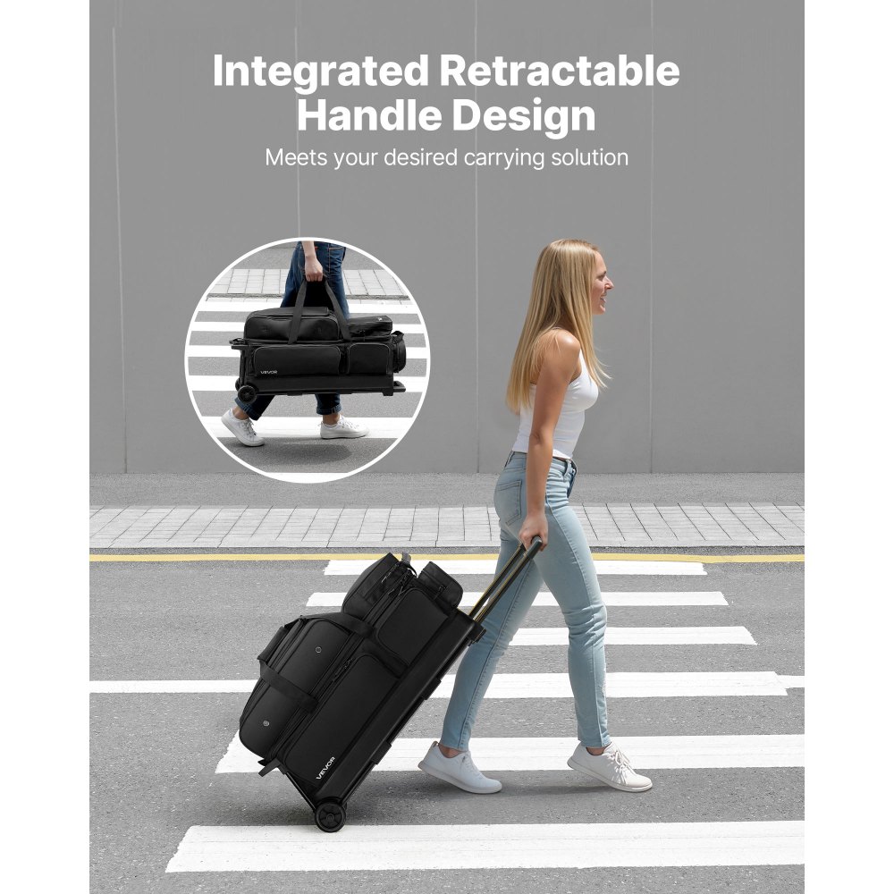 VEVOR Bolsa para 3 Bolas con Ruedas Dobles, Compartimento Separado para Zapatos hasta Talla de 16 EE. UU. y Bolsillo Extragrande para Accesorios. Asa Retráctil 105 cm, 790 x 320 x 390 mm, Negro