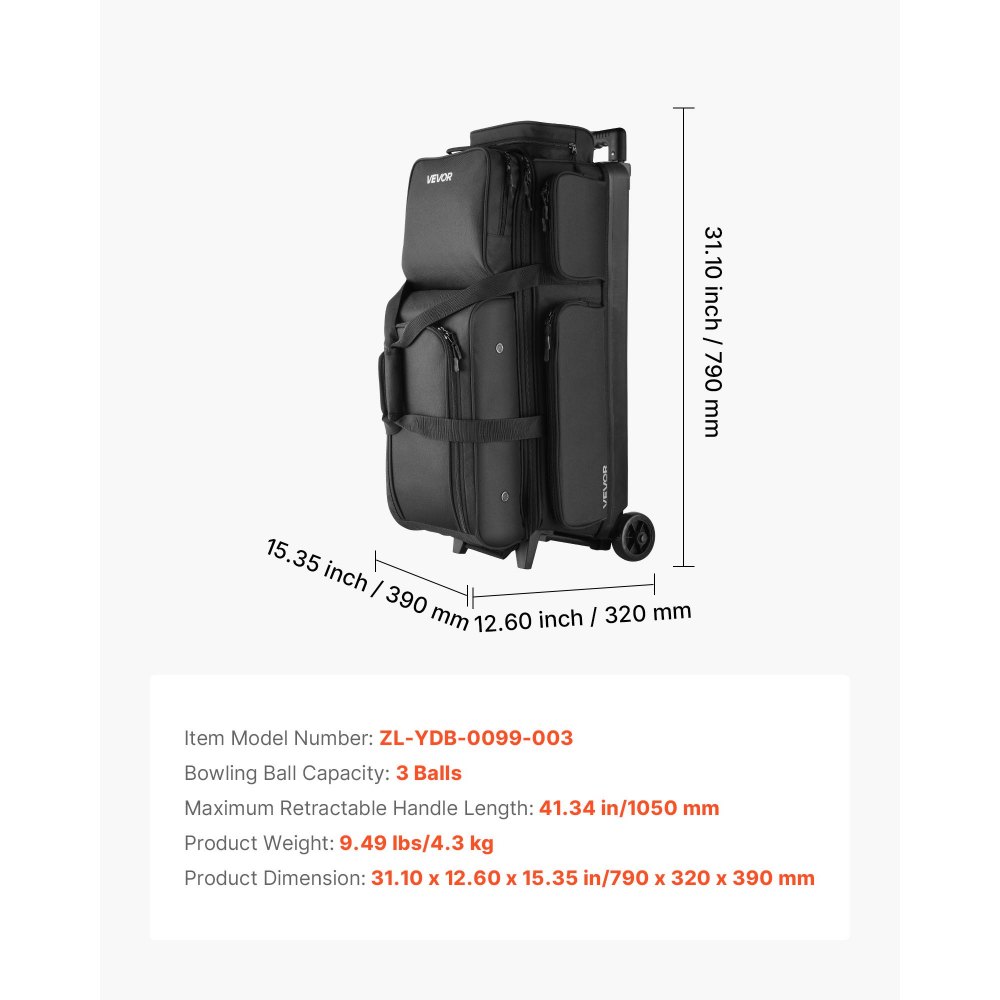 VEVOR Bolsa para 3 Bolas con Ruedas Dobles, Compartimento Separado para Zapatos hasta Talla de 16 EE. UU. y Bolsillo Extragrande para Accesorios. Asa Retráctil 105 cm, 790 x 320 x 390 mm, Negro
