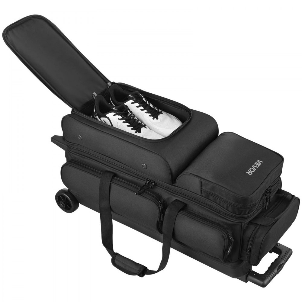 VEVOR Bolsa para 3 Bolas con Ruedas Dobles, Compartimento Separado para Zapatos hasta Talla de 16 EE. UU. y Bolsillo Extragrande para Accesorios. Asa Retráctil 105 cm, 790 x 320 x 390 mm, Negro