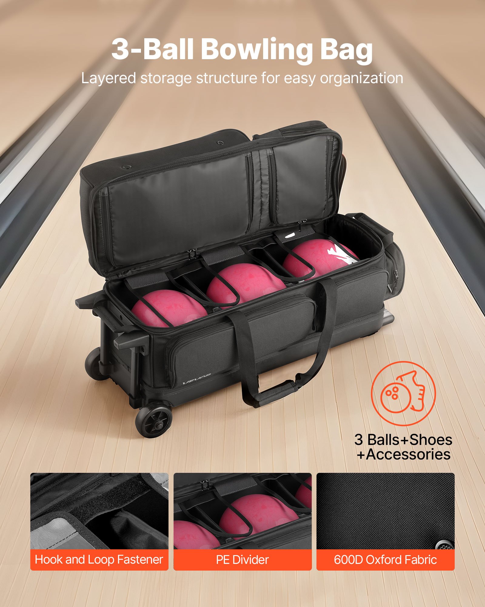 VEVOR Bolsa para 3 Bolas con Ruedas Dobles, Compartimento Separado para Zapatos hasta Talla de 16 EE. UU. y Bolsillo Extragrande para Accesorios. Asa Retráctil 105 cm, 790 x 320 x 390 mm, Negro