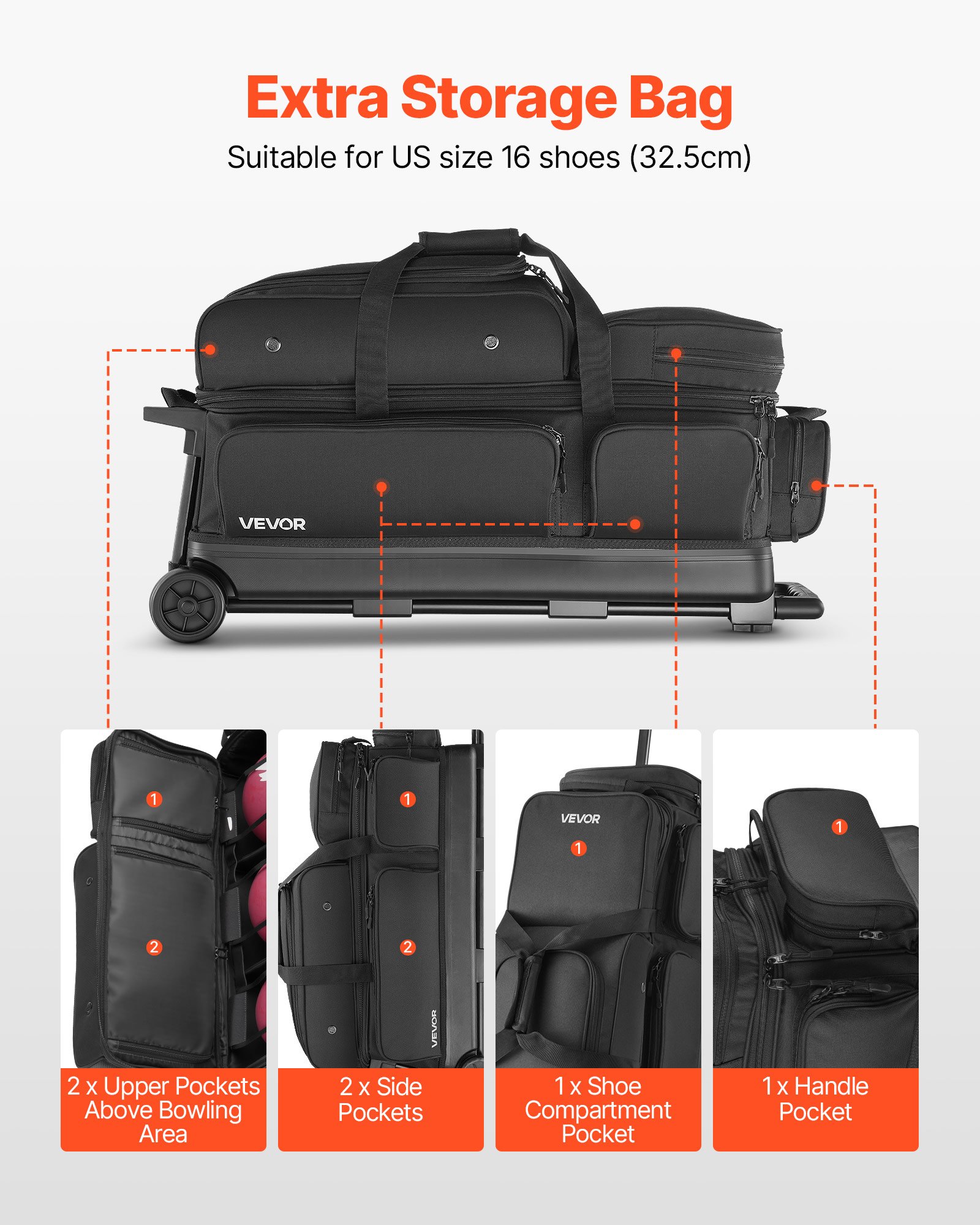 VEVOR Bolsa para 3 Bolas con Ruedas Dobles, Compartimento Separado para Zapatos hasta Talla de 16 EE. UU. y Bolsillo Extragrande para Accesorios. Asa Retráctil 105 cm, 790 x 320 x 390 mm, Negro