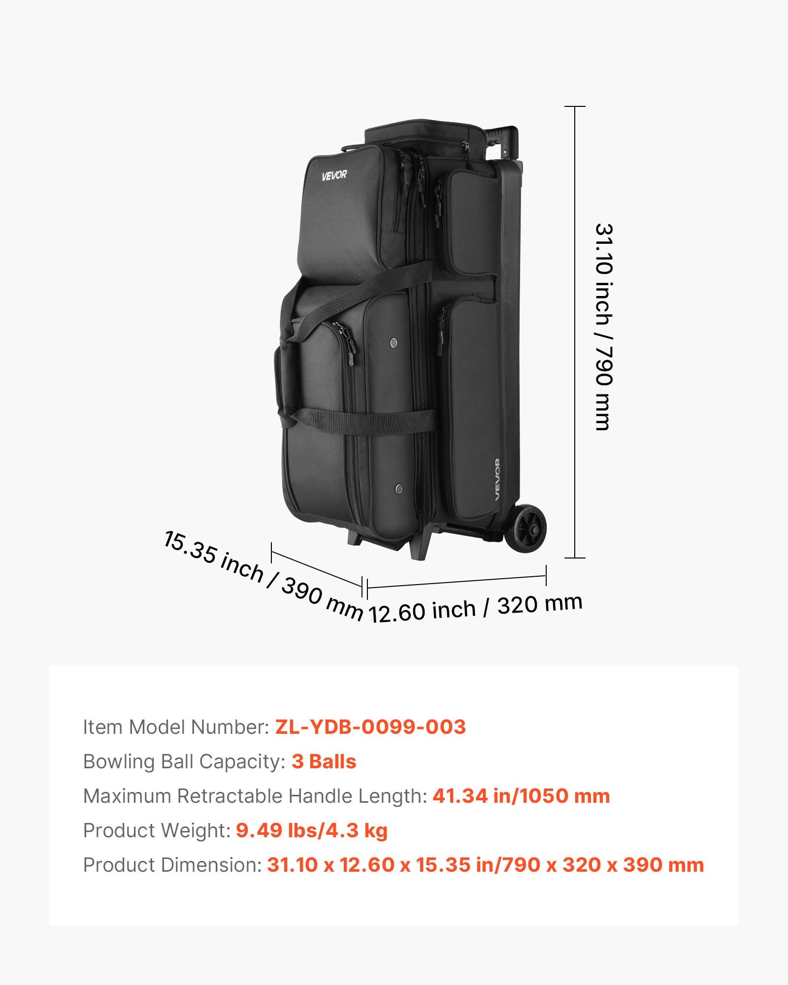 VEVOR Bolsa para 3 Bolas con Ruedas Dobles, Compartimento Separado para Zapatos hasta Talla de 16 EE. UU. y Bolsillo Extragrande para Accesorios. Asa Retráctil 105 cm, 790 x 320 x 390 mm, Negro