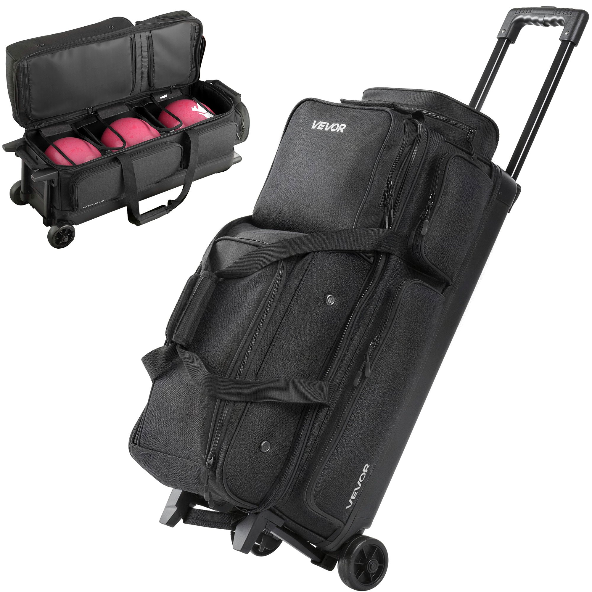 VEVOR Bolsa para 3 Bolas con Ruedas Dobles, Compartimento Separado para Zapatos hasta Talla de 16 EE. UU. y Bolsillo Extragrande para Accesorios. Asa Retráctil 105 cm, 790 x 320 x 390 mm, Negro
