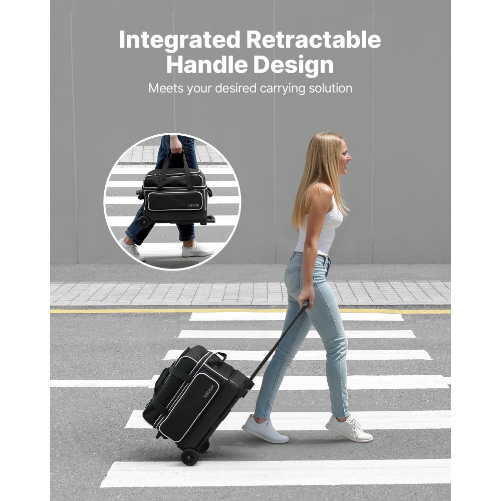 VEVOR Bolsa para 2 Bolas con Ruedas Dobles, Compartimento Separado para Zapatos hasta Talla 16 de EE. UU. y Bolsillo Extragrande para Accesorios. Asa Retráctil hasta 105 cm, 570 x 270 x 400 mm