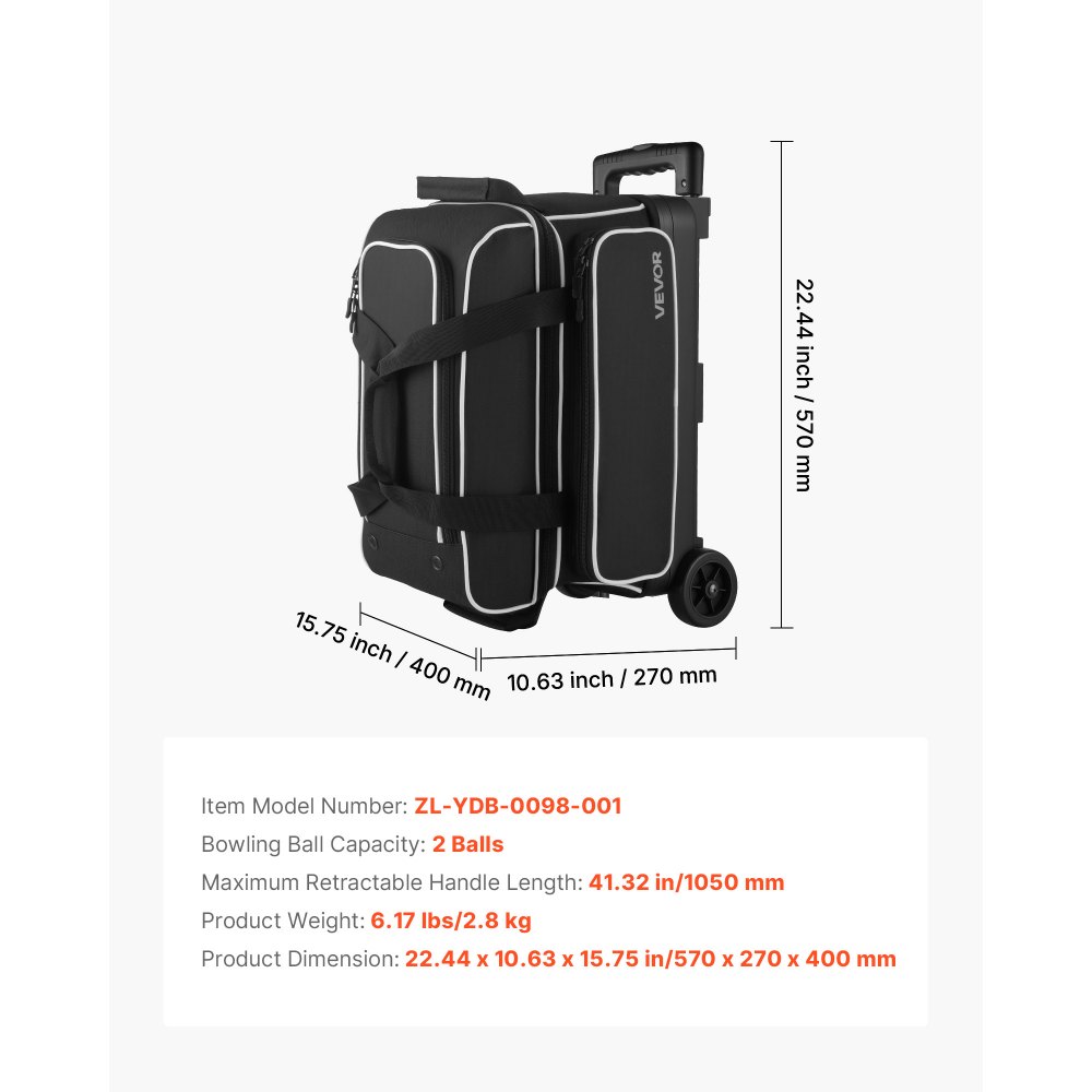 VEVOR Bolsa para 2 Bolas con Ruedas Dobles, Compartimento Separado para Zapatos hasta Talla 16 de EE. UU. y Bolsillo Extragrande para Accesorios. Asa Retráctil hasta 105 cm, 570 x 270 x 400 mm